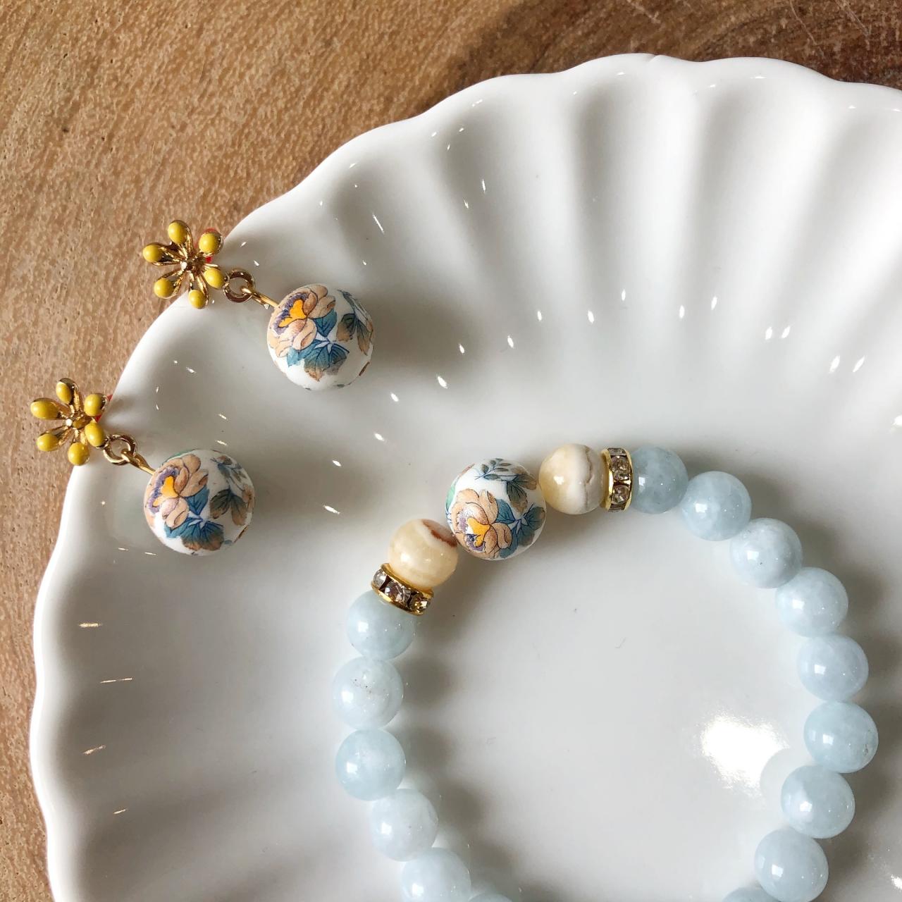 Aquamarine & Honey Jade Bracelet And Earrings Set