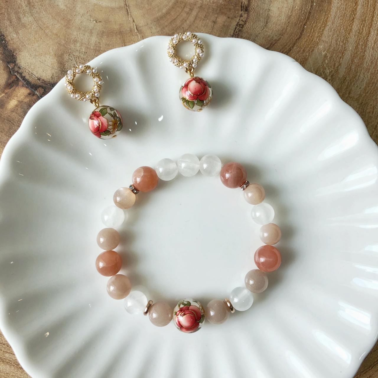 Sunstone, Selenite & Peach Moonstone Bracelet And Earrings Set
