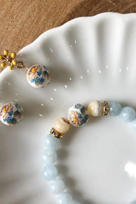Aquamarine & Honey Jade Bracelet and Earrings Set