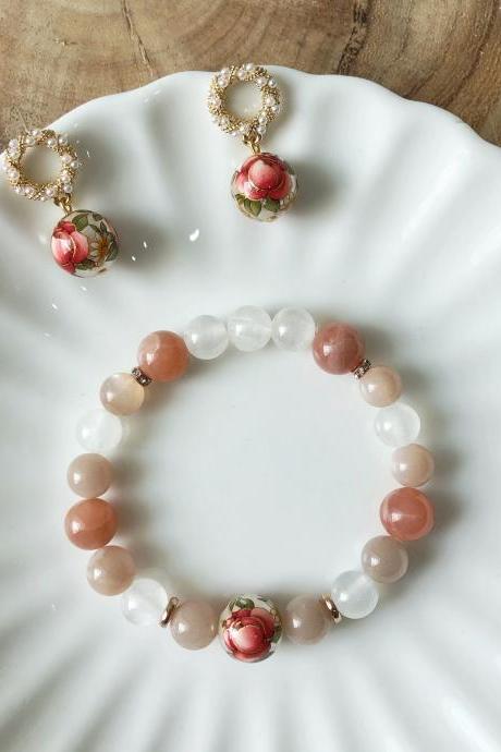 Sunstone, Selenite &amp;amp; Peach Moonstone Bracelet And Earrings Set